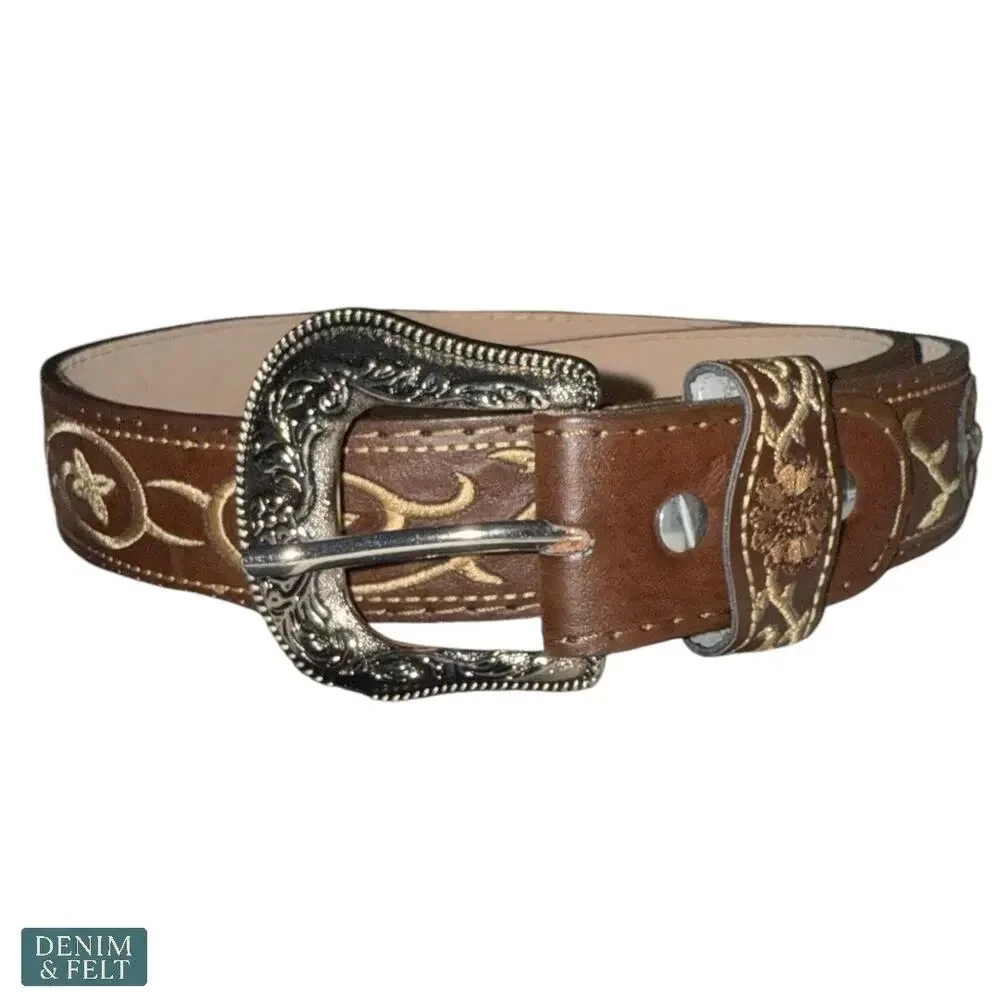 NEW Brown Embroidered Western Leather‎ Belt Floral Scroll Buckle Mexico Rodeo